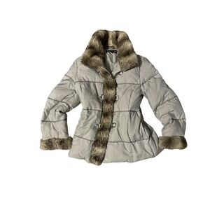 PLATINUM‎ UTEX Womens Puffer Coat Faux Fur Trim Collar Cuffs Light Gray Jacket